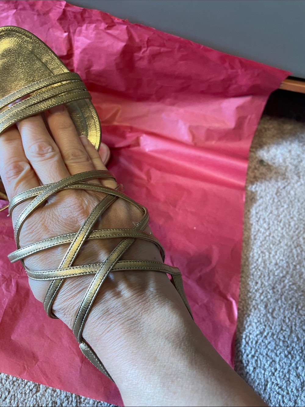 Manolo Blahnik Metallic Gold Multi-Strap Heeled Sandals - bonus cute gold clutch - Picture 10 of 14